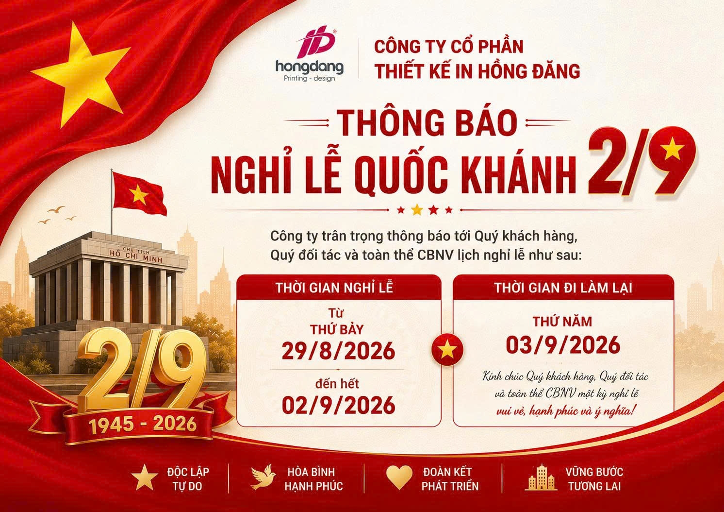 thông báo nghỉ lễ 2/9/2026